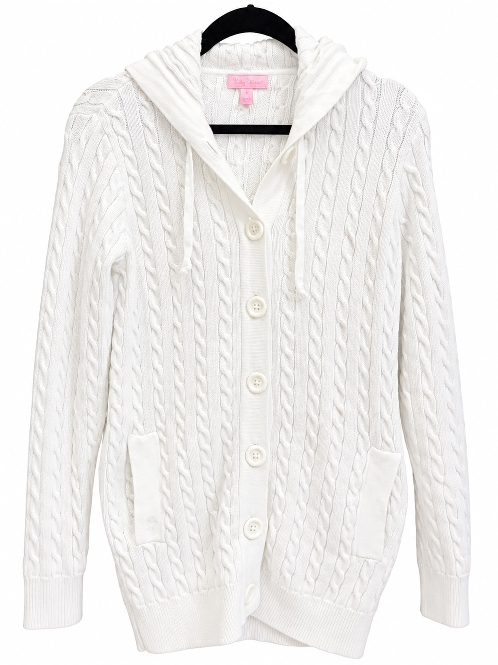 Lilly Pulitzer White Cable-Knit Hooded Button Cardigan - Size S